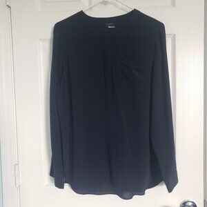 Talbots 100% Silk Pullover Blouse Size L Navy Blue Washable Minimalist Roll Tab